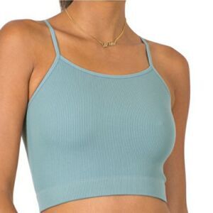 Zenana Seamless Ribbed Cropped Cami Tank Top in Blue Grey Size S/M